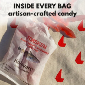 Kolsvart vegan gluten-free gummy in bag, classic Swedish style.