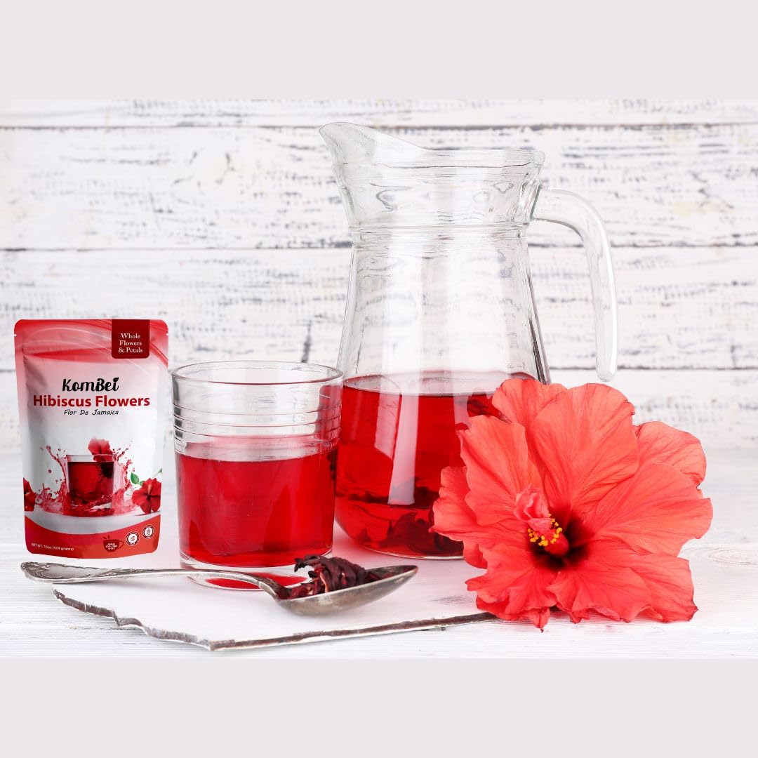 KomBei hibiscus tea served in a glass with rich color.