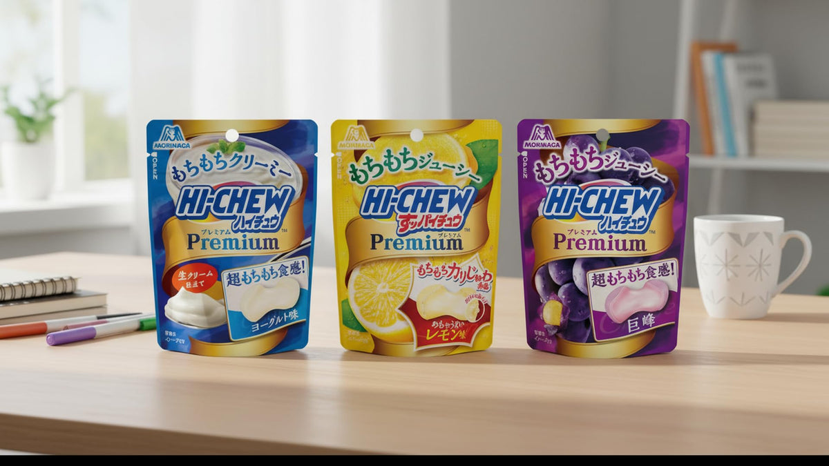 KONBINI JAPAN Hi Chew Premium Assortment store display in retail setting.