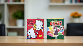 Branded KONBINI JAPAN Sakuma design on fruit drops tin in focus