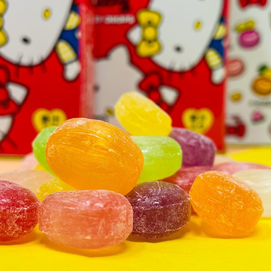 Candies inside Sakuma Fruit Drops tin viewed up close for texture and color