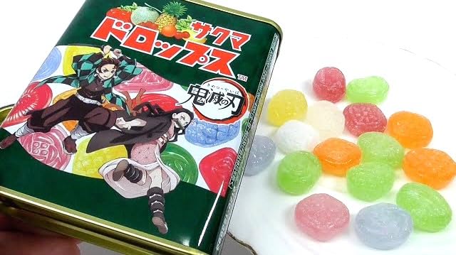 Opened Sakuma Fruit Drops tin with assorted candies on display