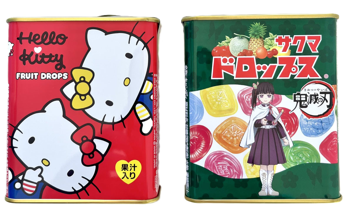 Konbini Japan Sakuma Fruit Drops tin front view with red-green branding, portable snacking