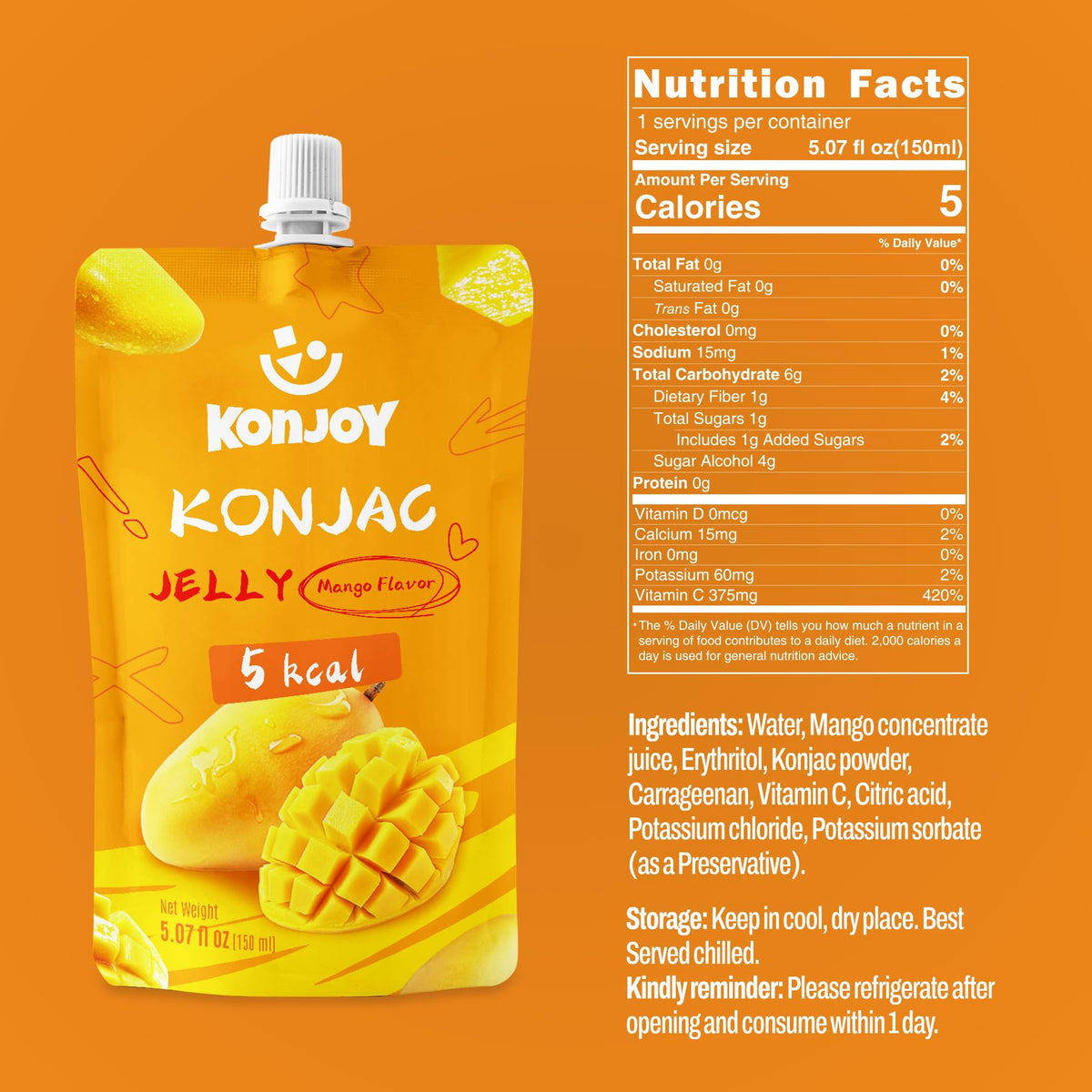 KONJOY Konjac Jelly mango drinkable pouch in hand for quick cravings.
