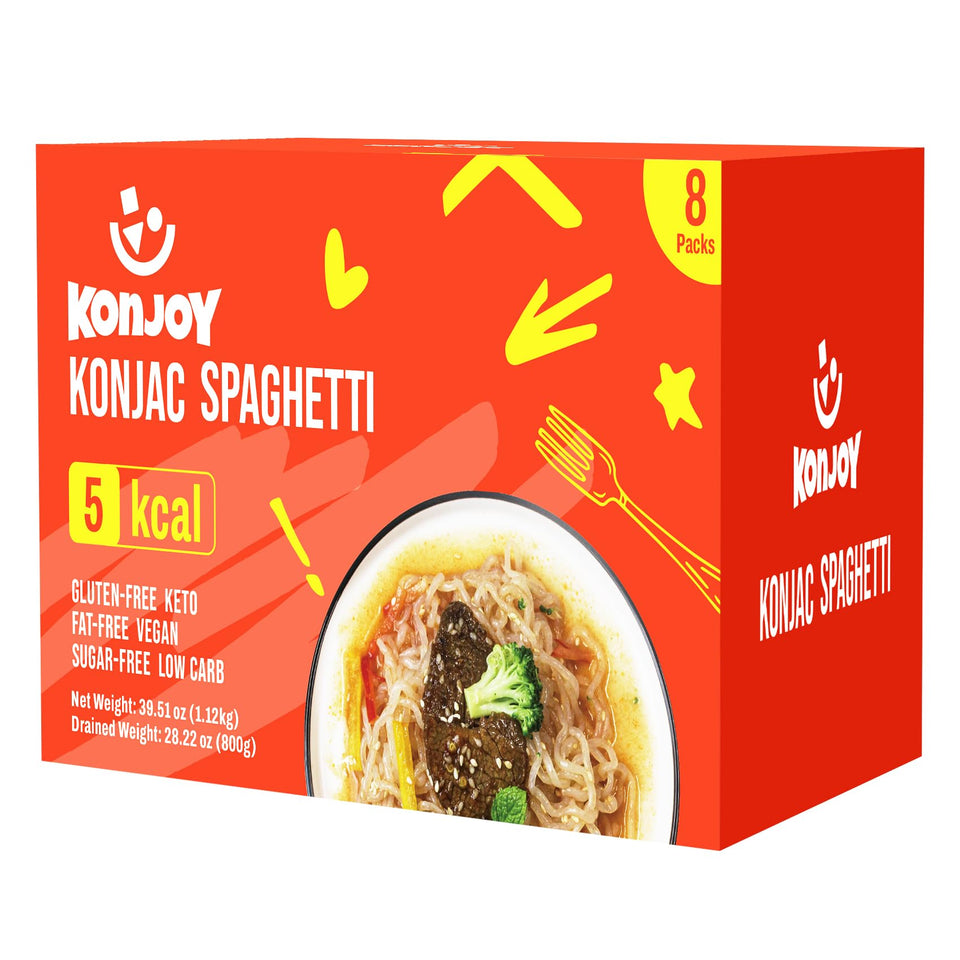 KONJOY Konjac noodles packaging shows a low-calorie plant-based pasta option.