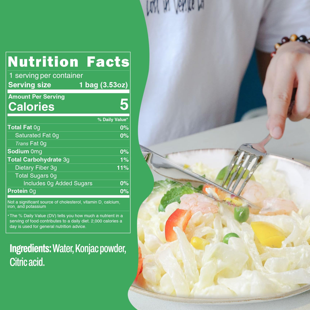 KONJOY Konjac Noodles Shirataki Fettuccine ready-to-eat dish with sauce.