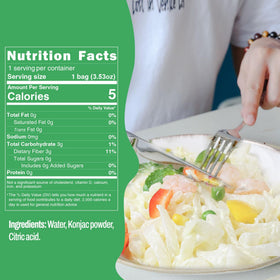 KONJOY Konjac Noodles Shirataki Fettuccine ready-to-eat dish with sauce.
