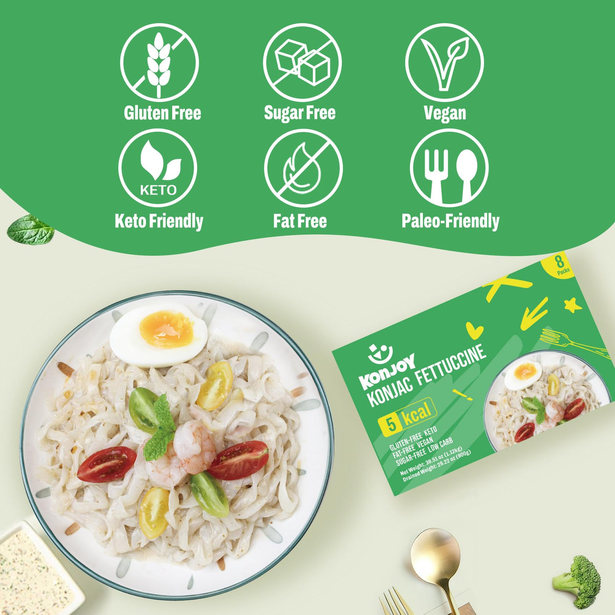 KONJOY Konjac Noodles Shirataki Fettuccine uncooked noodles with neutral flavor for versatile sauces.