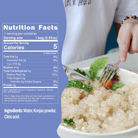 KONJOY Konjac Rice highlights 5 kcal per bag for keto-friendly meals.