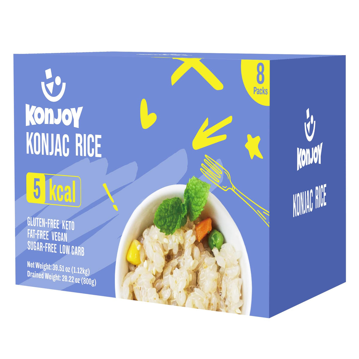 KONJOY Konjac Rice 8-pack front view for quick, low-cal meals.
