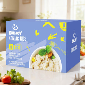 KONJOY Konjac Rice cooked texture shown in a steaming bowl.