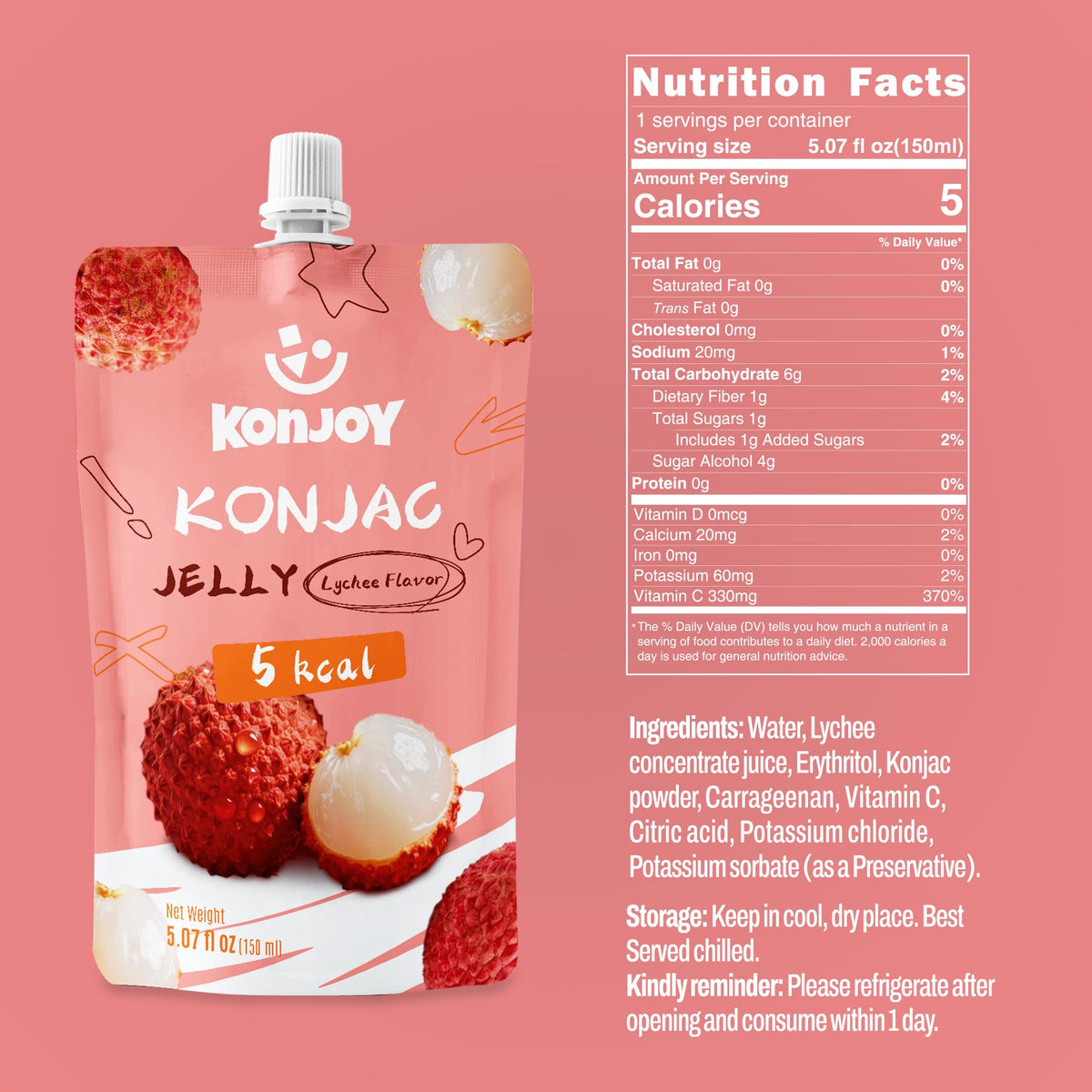 KONJOY lychee jelly pouch opened for quick, convenient sip