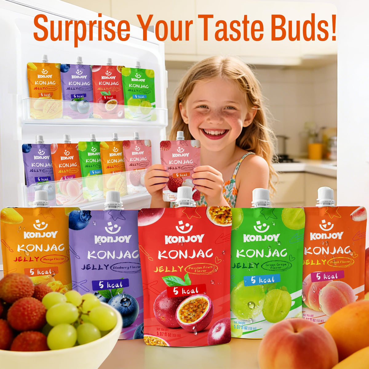 KONJOY on-the-go snack packaging in pocket-sized pouch for travel