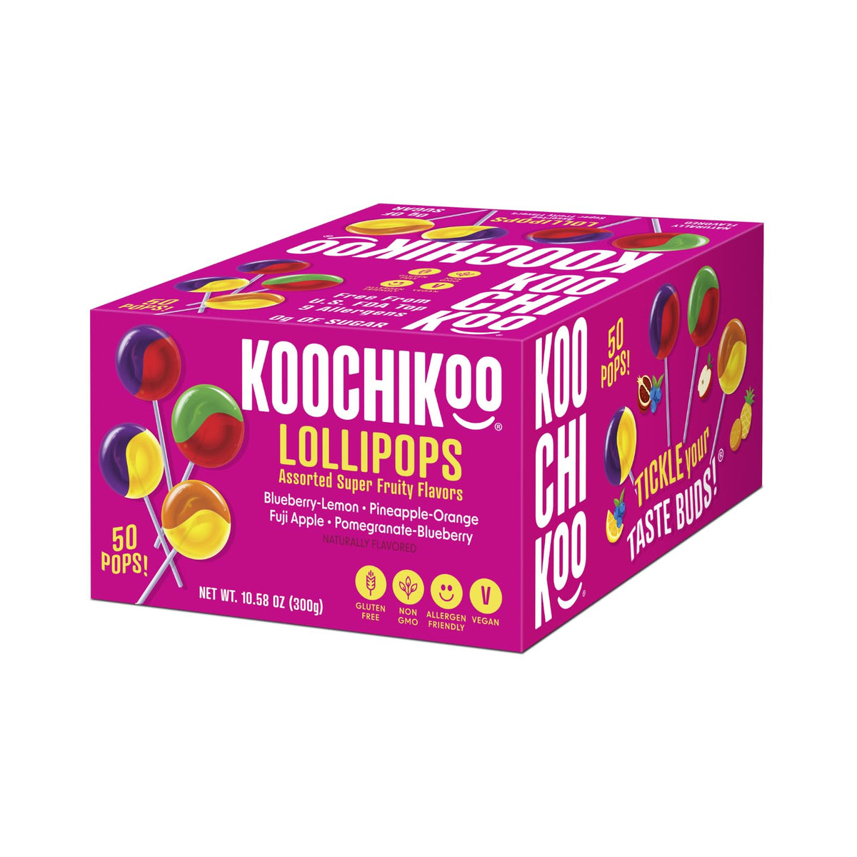 KOOCHIKOO assorted fruit flavors lollipops in a display for gluten-free tasting