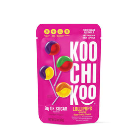 Koochikoo sugar-free lollipops close-up, bright flavors and vibrant colors for kids