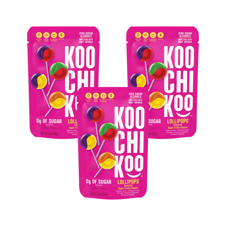 Koochikoo sugar-free lollipops in a pouch with assorted fruit flavors for on-the-go snacking