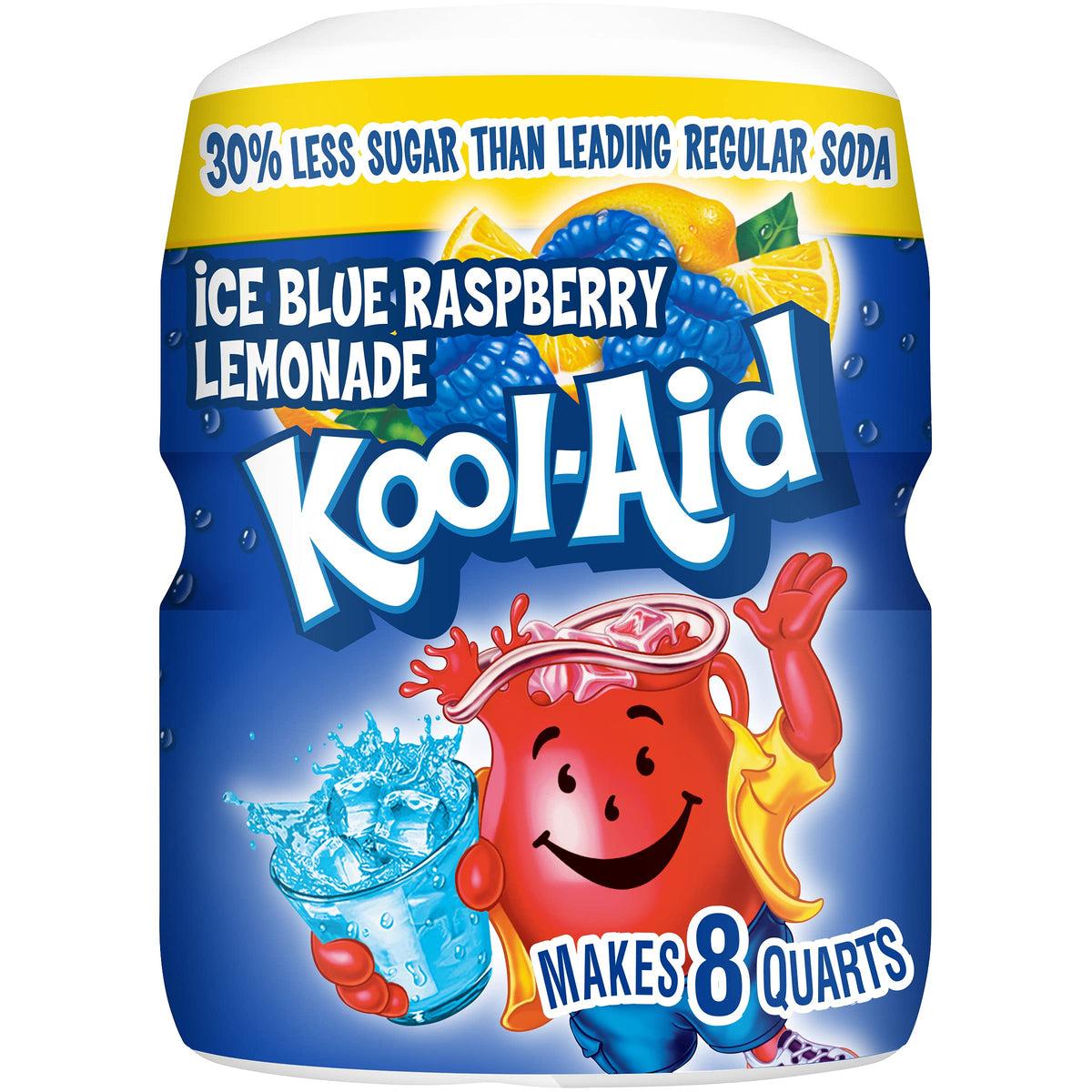 Kool-Aid Blue Raspberry Lemonade powder canister ready for quick hydration.