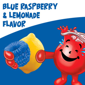 Kool-Aid Blue Raspberry Lemonade scoop with resealable lid for easy measuring.