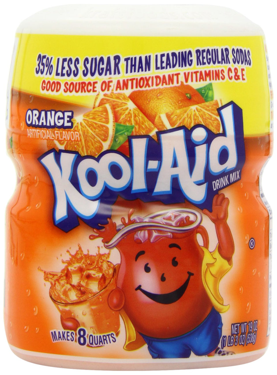 Kool-Aid orange drink mix pack of four jars displayed on a counter.