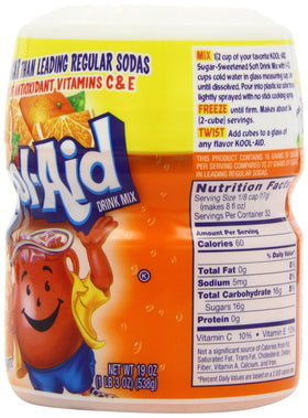 Kool-Aid orange drink mix being poured into a glass for a bright beverage.