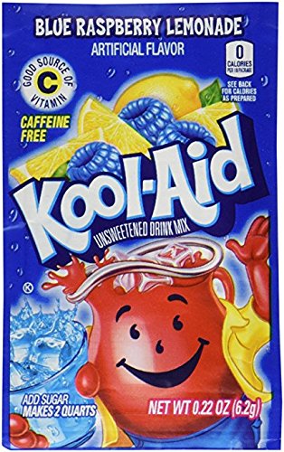 Kool-Aid Ice Blue Raspberry Lemonade envelopes ready to mix for customizable sweetness.