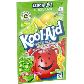 Kool-Aid lemon-lime drink in a glass with ice and vibrant color.