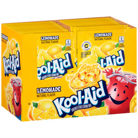 Kool-Aid Lemonade pouring into pitcher showcases easy, caffeine-free hydration option.