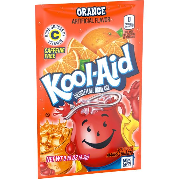 Kool-Aid Orange Unsweetened powder scoop resting on the counter
