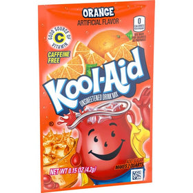 Kool-Aid Orange Unsweetened powder scoop resting on the counter