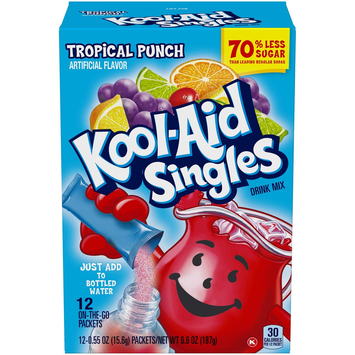 Kool-Aid Singles Tropical Punch bottle beside a glass of prepared drink
