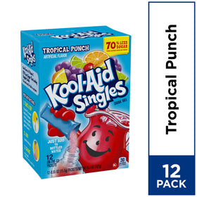 Multi-pack display of Kool-Aid Singles Tropical Punch in store.