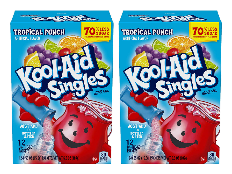 Kool-Aid Singles Tropical Punch packet on the go for quick hydration.