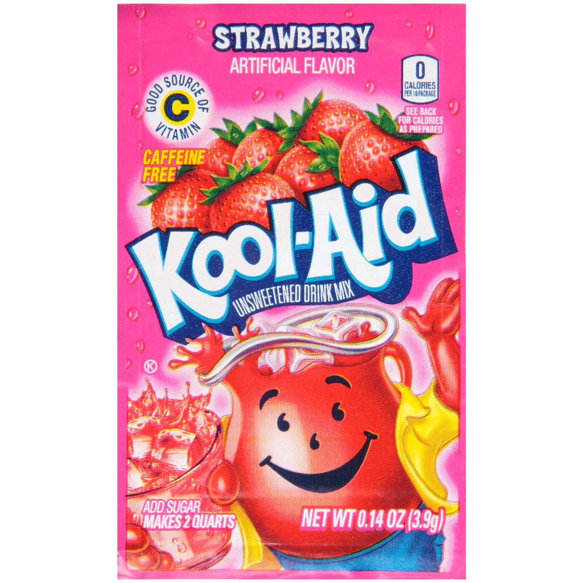 Kool-Aid Strawberry unsweetened powder packets ready to mix into a zero-calorie drink