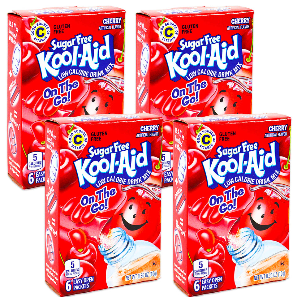 Kool-Aid sugar-free cherry drink mix packet for quick, low-calorie cherry flavor.