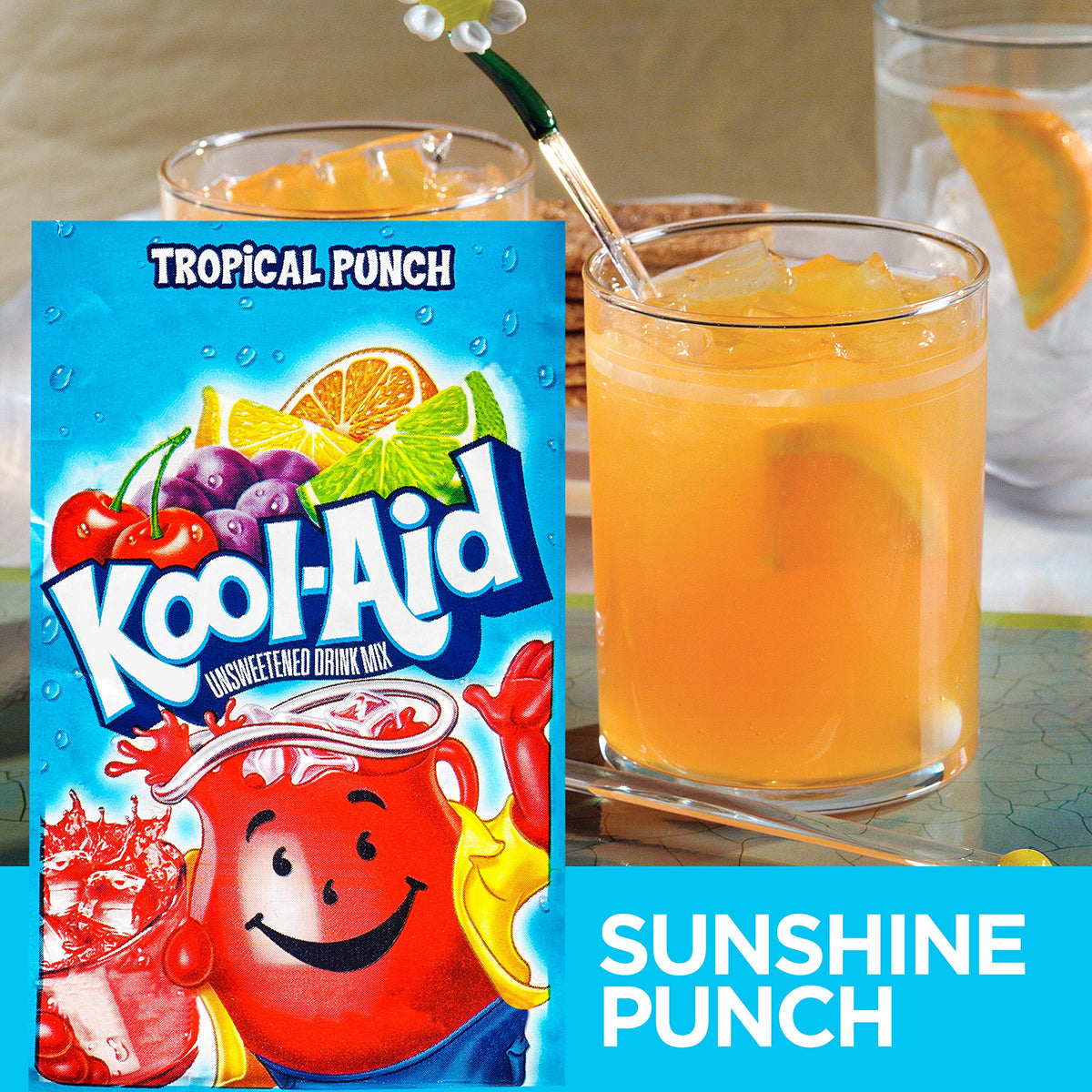 Kool-Aid Tropical Punch packets nutrition panel shows vitamin content and sugar info