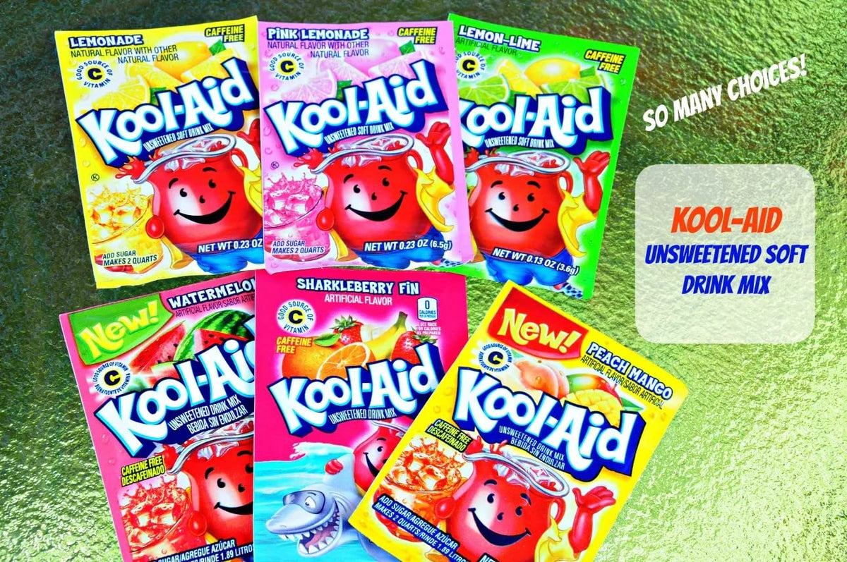 Kool Aid Ultimate Party Pack flavor collection on display showing 18 varieties.