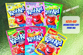 Kool Aid Ultimate Party Pack flavor collection on display showing 18 varieties.