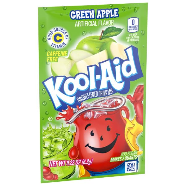 Kool-Aid Green Apple unsweetened drink mix demonstrates caffeine-free refreshment anywhere.