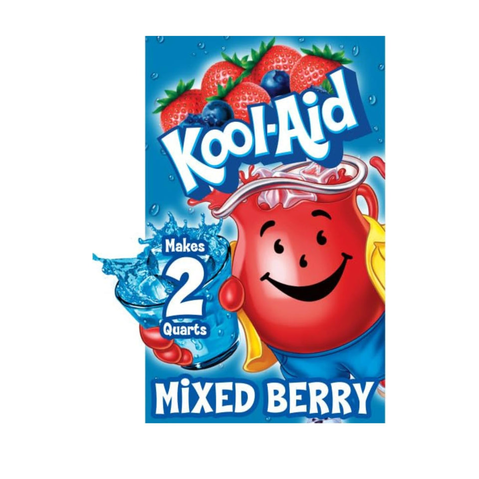 Kool-Aid Unsweetened Mixed Berry packet ready to mix for a refreshing drink.