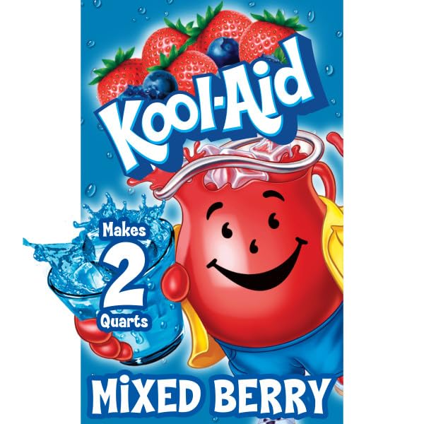 Kool-Aid Unsweetened Mixed Berry powder being poured into water for quick flavor.
