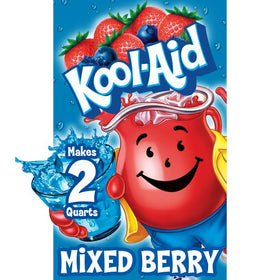 Kool-Aid Unsweetened Mixed Berry powder being poured into water for quick flavor.