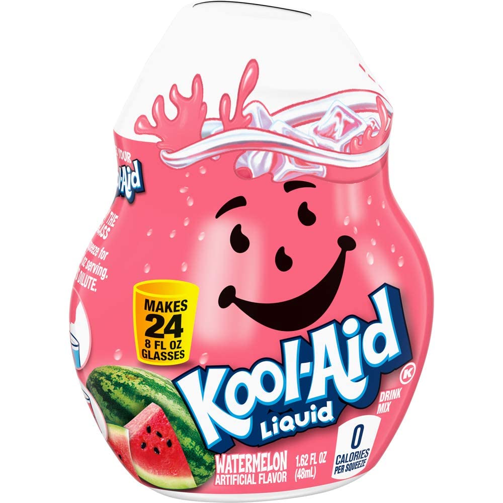 Kool-Aid Watermelon Liquid Drink Mix in a glass of water delivers fruity flavor.