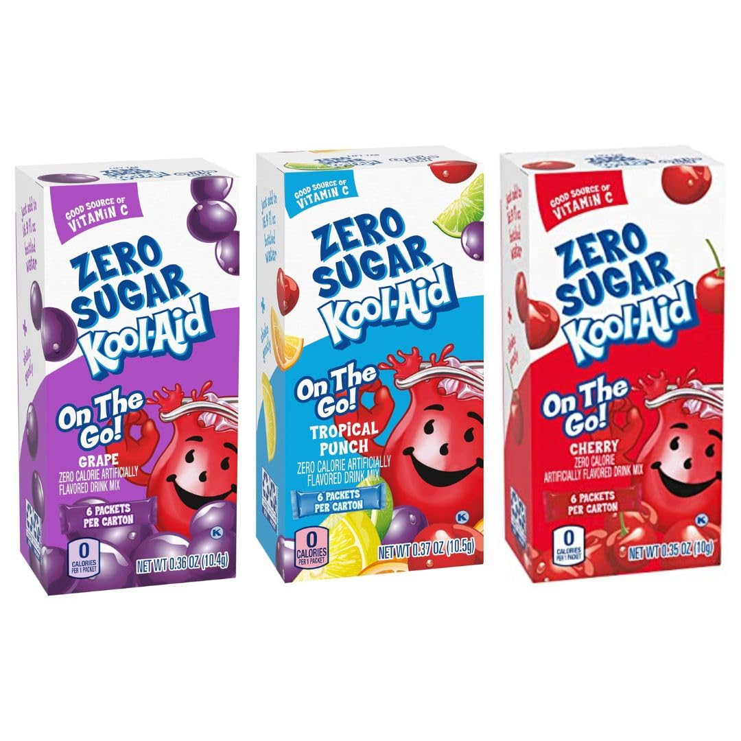 Kool-Aid Zero Sugar 6-pack box offers zero sugar and flavorful refreshment.