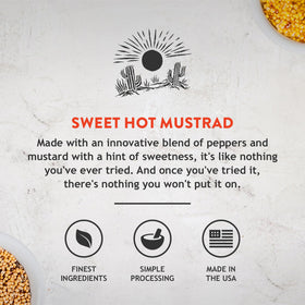 Koops' Arizona Heat Mustard bottle pouring, ideal for quick toppings.