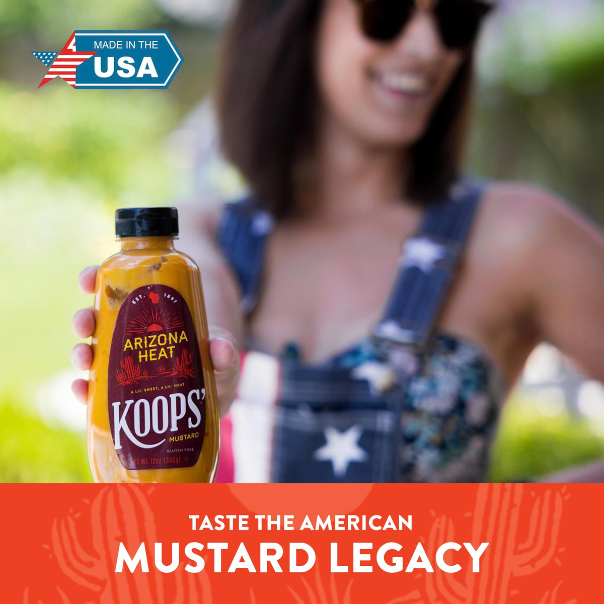 Koops' Arizona Heat Mustard with gluten-free and kosher icons clearly visible.