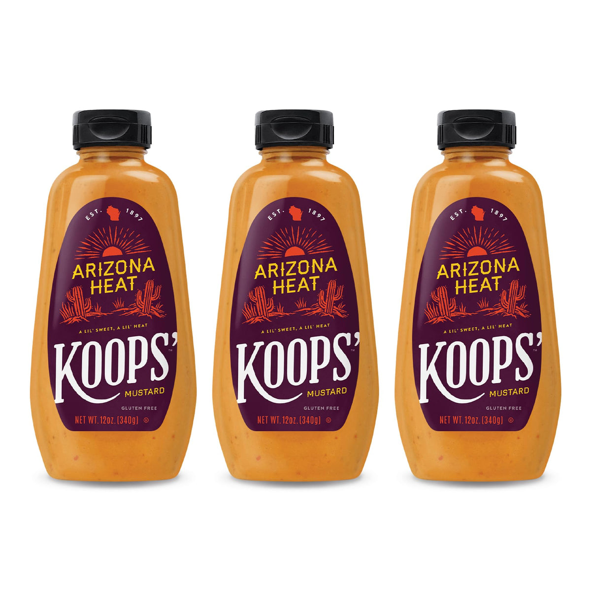 Koops' Arizona Heat Mustard jar front for bold sandwiches.