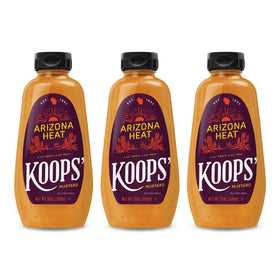 Koops' Arizona Heat Mustard jar front for bold sandwiches.