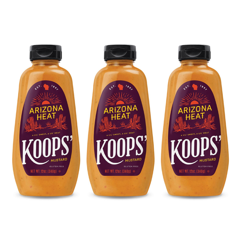 Koops' Arizona Heat Mustard jar front for bold sandwiches.
