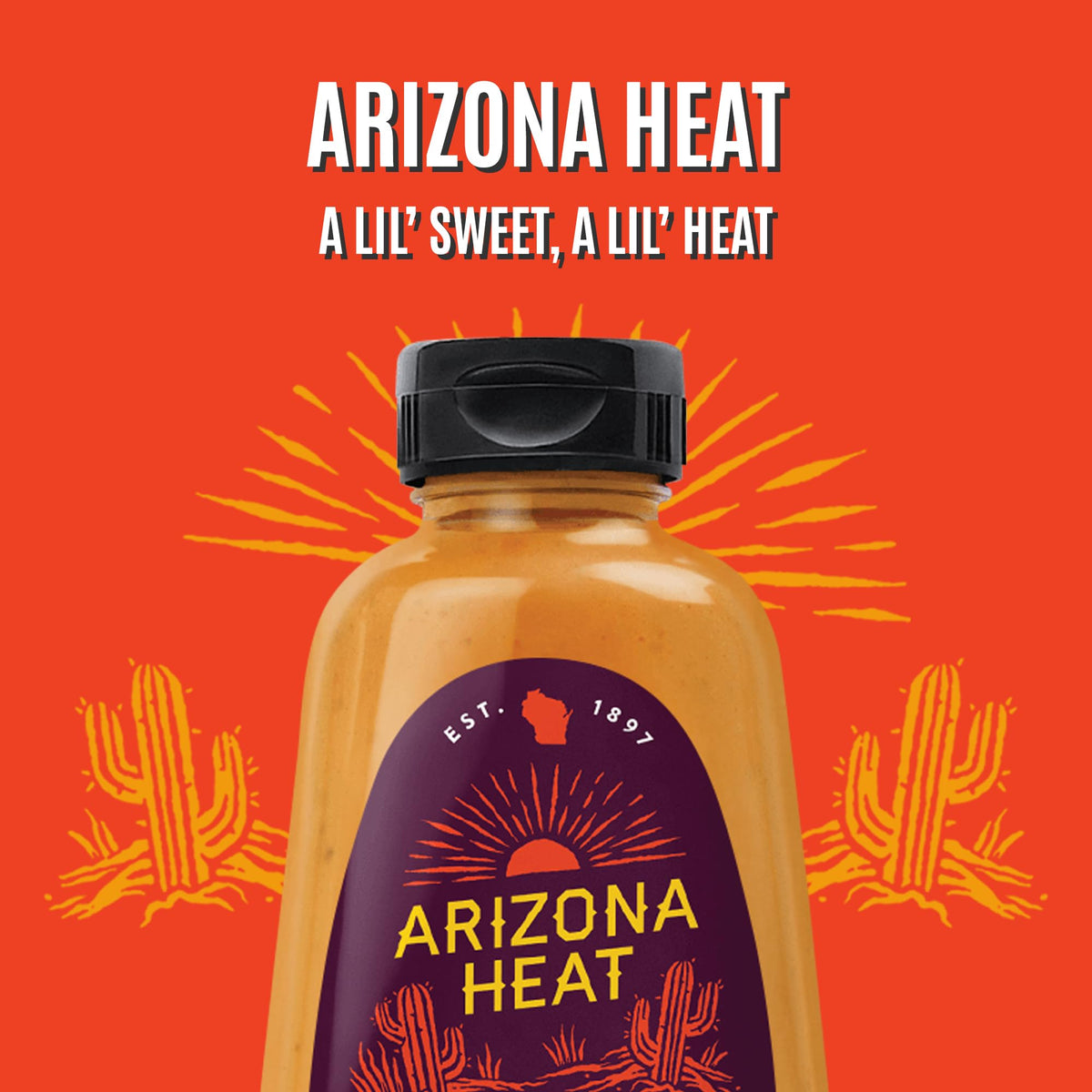 Koops' Arizona Heat Mustard label close-up showing gluten-free and kosher marks.