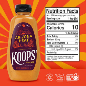 Arizona Heat Mustard on a grilled burger, tangy topping option.